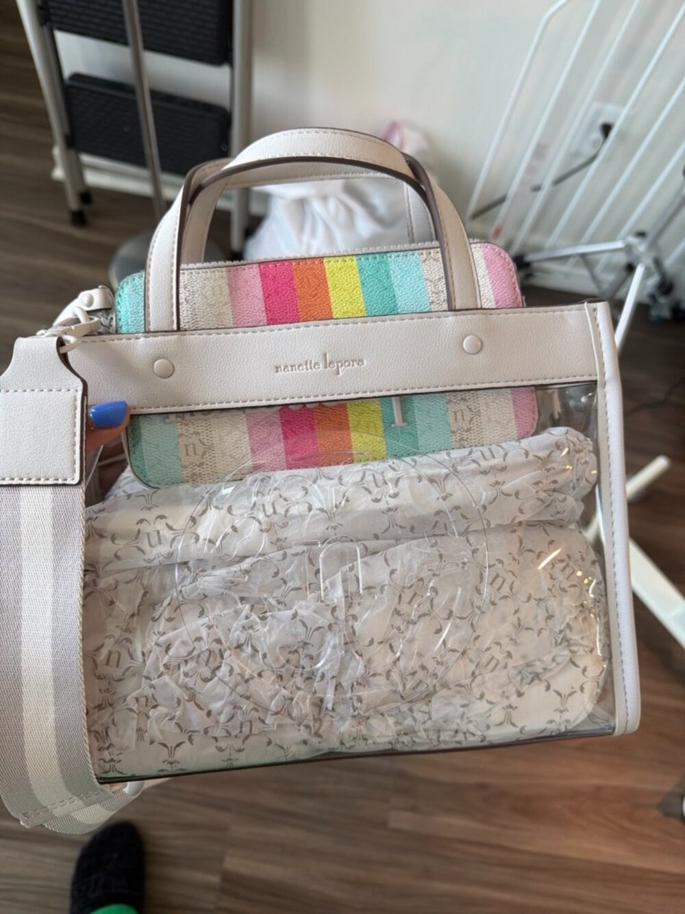 Nanette Lepore Clear Tote w/ Rainbow Stripe Pouch – Crossbody/Handbag